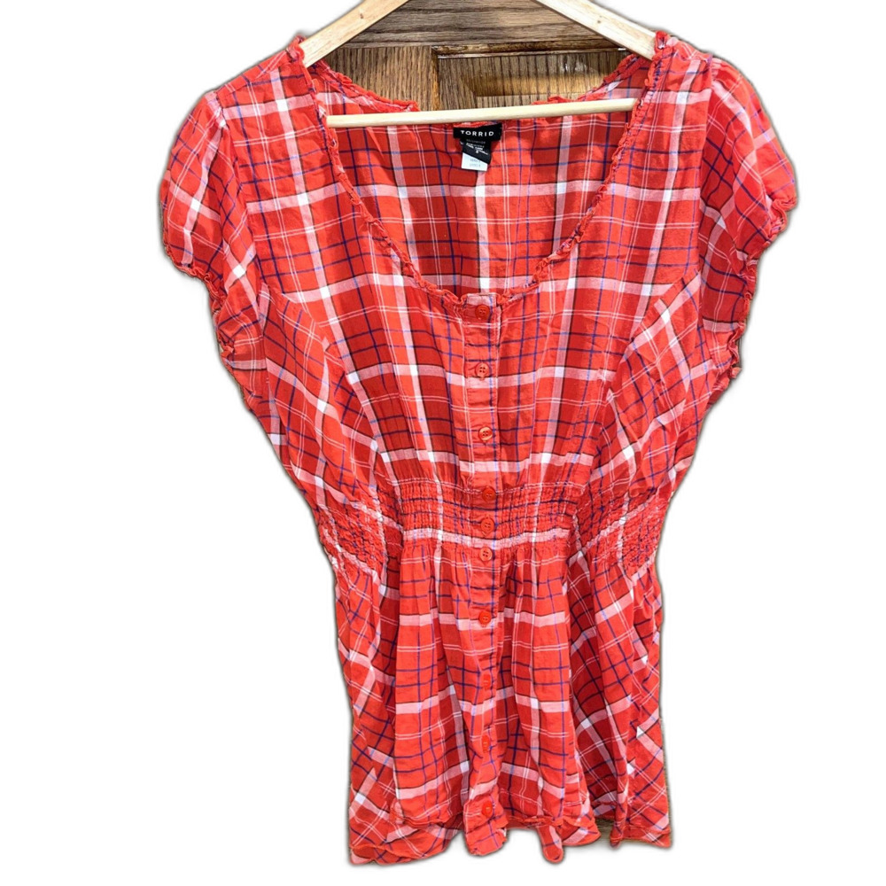 Torrid 2X Prairie Western Work Wear Boho Hippie Plaid Outdoor Ruched Button Up
